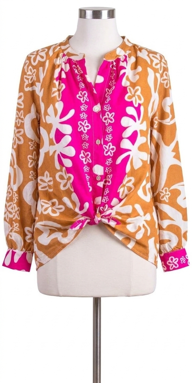 NEW GIGI MODA two-tone aloha print shirt in hot pink/rust